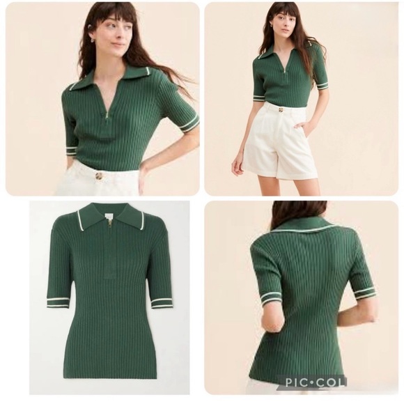 Varley Ribbed Napier Polo Knit T-Shirt Sweater - Picture 3 of 9